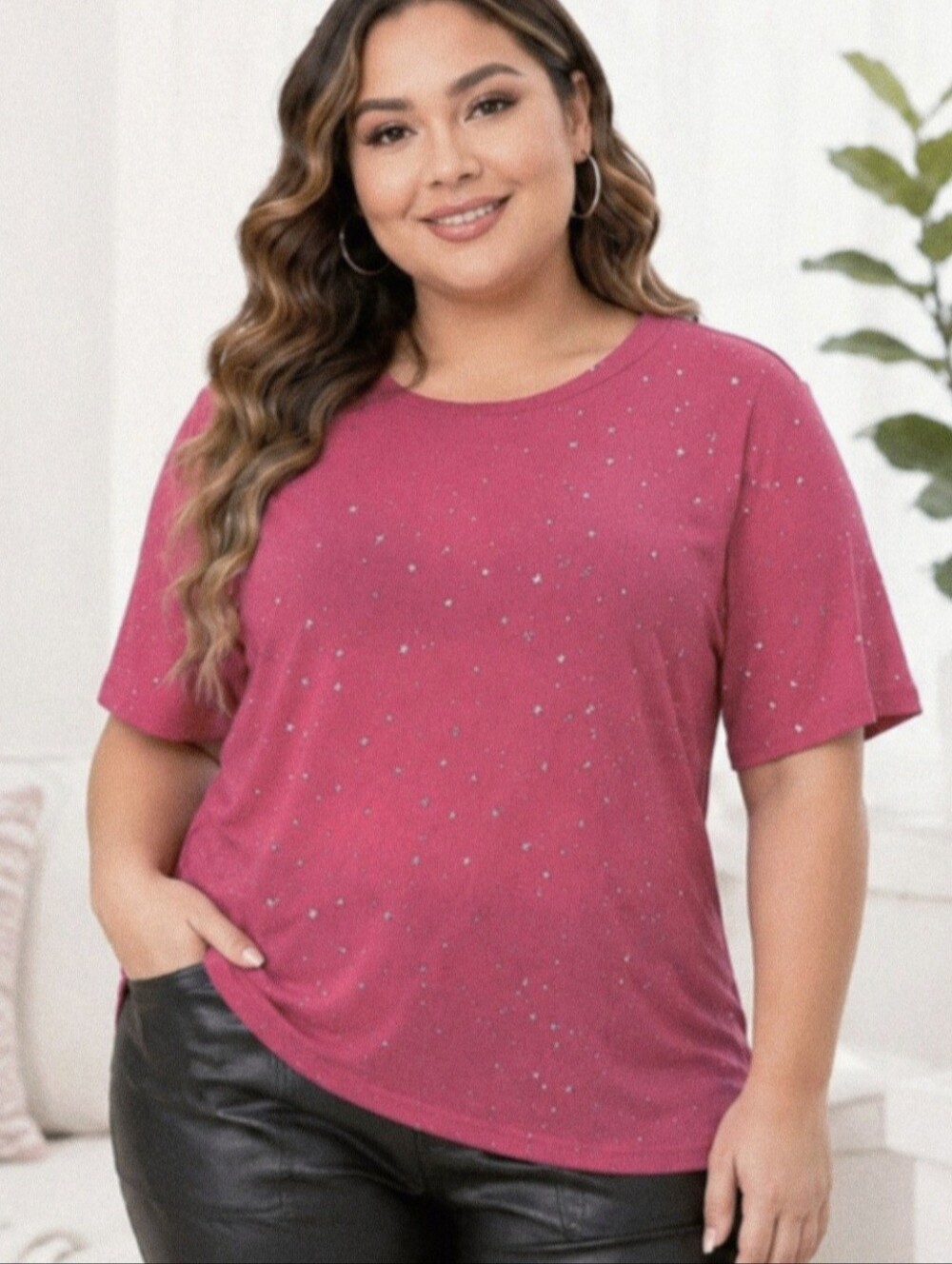 Wild Love Pink Mesh Star Print Top Women’s Plus Size 2X Short Sleeve Glitter Tee
